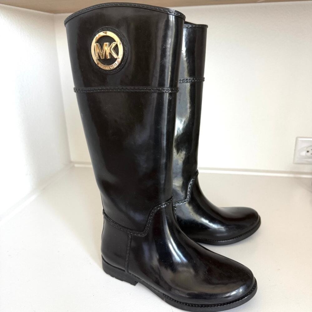 MICHAEL KORS Rain Boots Black Logo Knee High Waterproof Glossy Pull On‎ Size 7